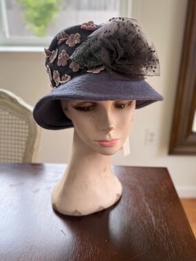 Grevi Lavender Felt Cloche Hat with Pink Floral Appliqués and Black Net Bow